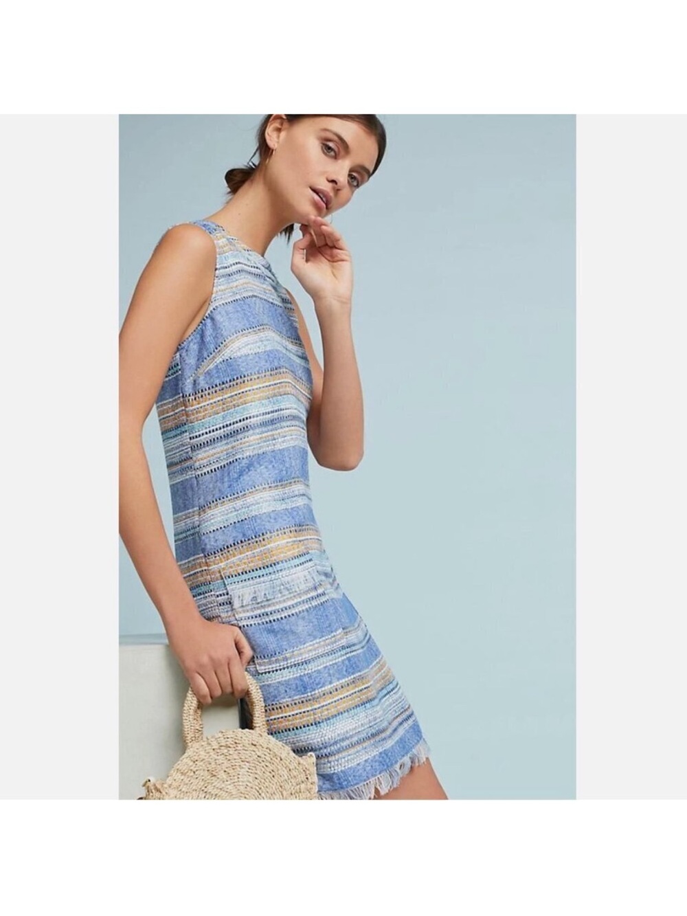 ANTHROPOLOGIE Akemi & Kin Striped Tweed Shift Dress Blue & Yellow Pockets 10